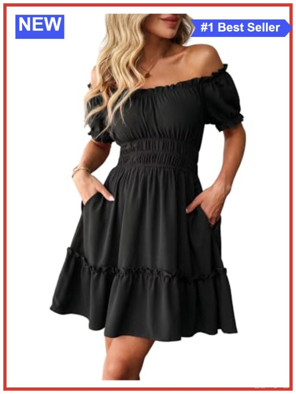 Summer Off Shoulder Smocked Mini Dress with Pockets
